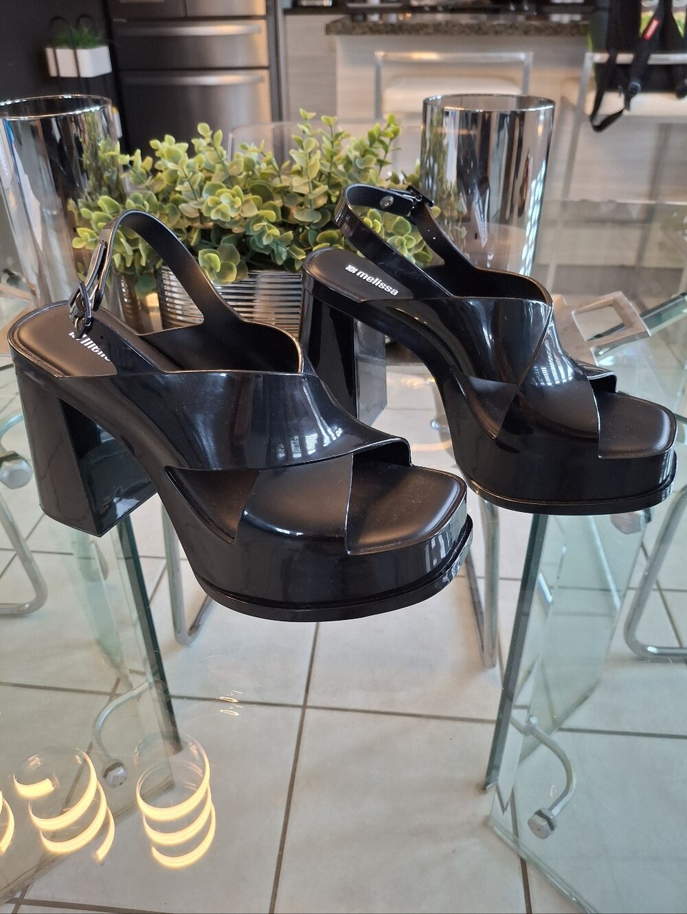 Melissa Black Glossy Platform Slingback Heels